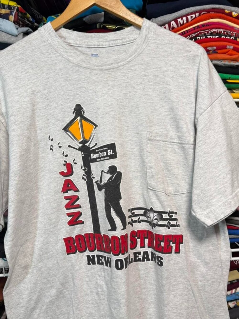 Bourbon street New Orleans jazz graphic pocket t shirt Heathered grey